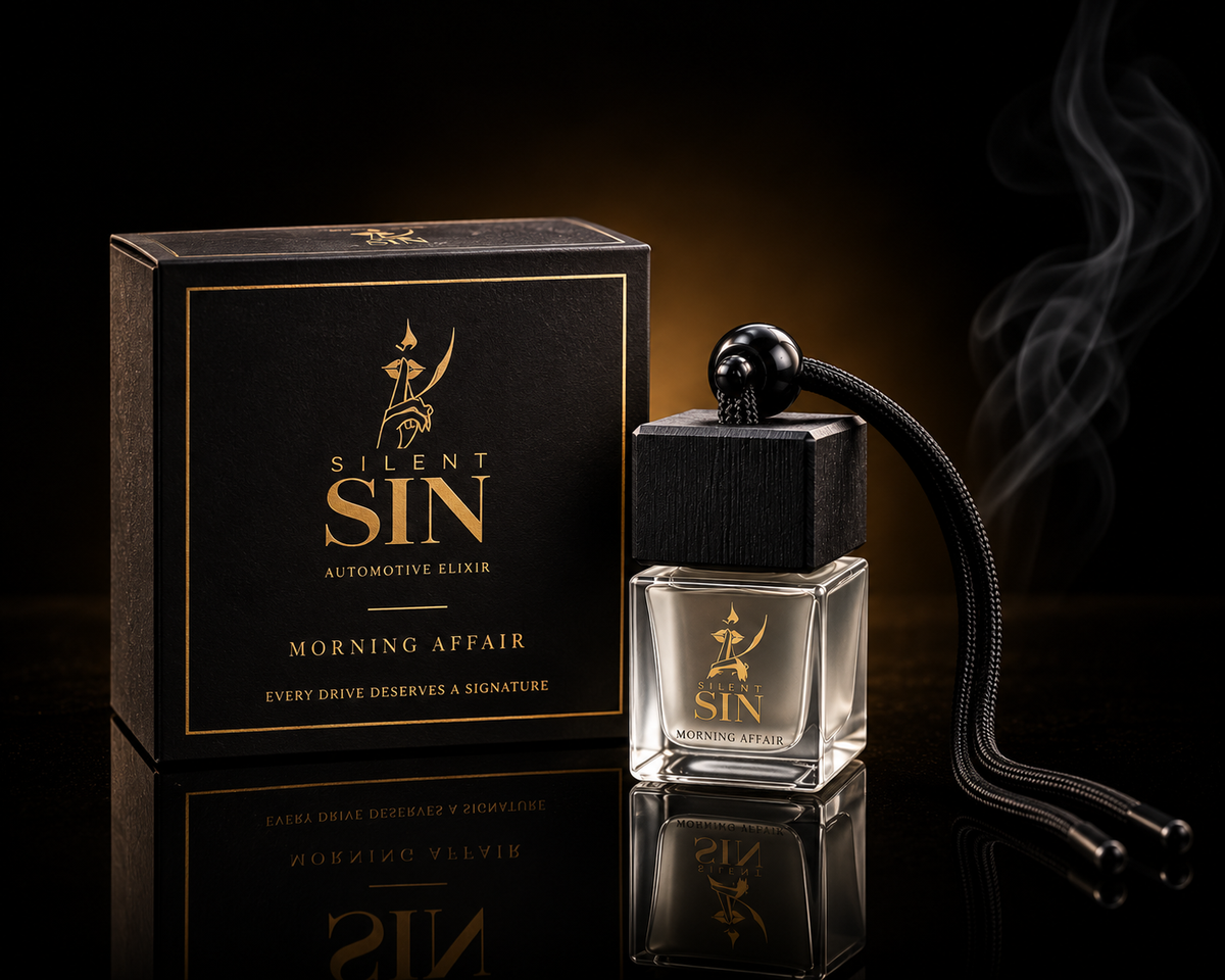 Silent Sin Morning Affair automotive elixir bottle and packaging box on a reflective black surface with a smoky background. Coffee Car Fragrance Silent Sin Automotive Elixir Car Fragrance