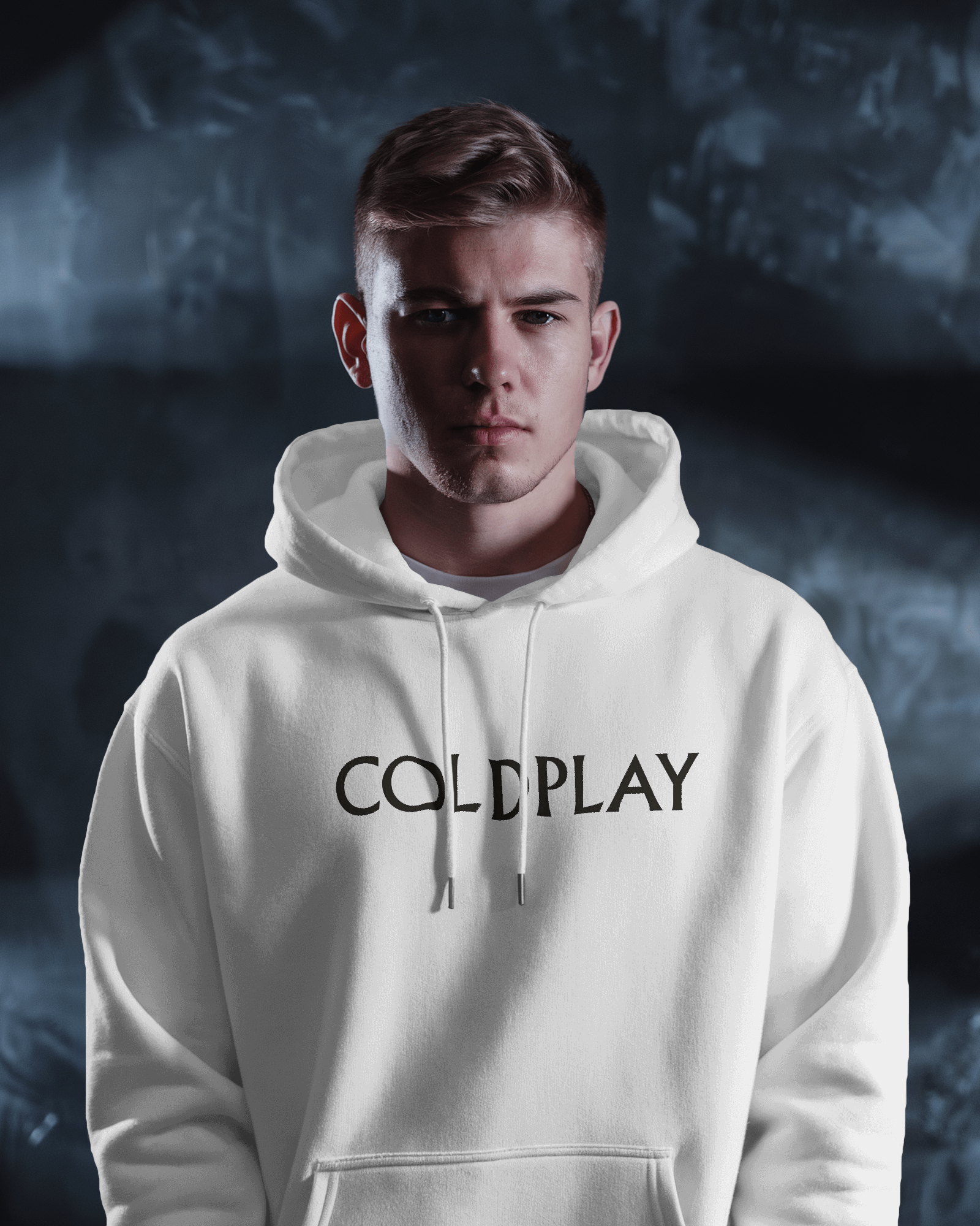 White hoodie featuring a vibrant Coldplay-inspired print from Nitorious Atelier. Made from 100% premium cotton fleece, this hoodie offers unmatched comfort, warmth, and a stylish look for music lovers.