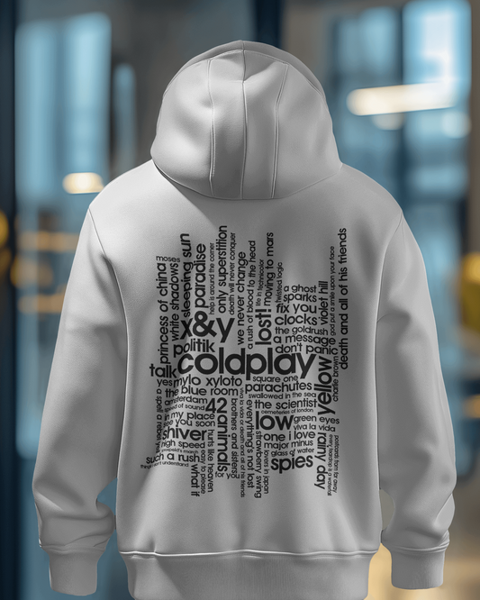 White hoodie featuring a vibrant Coldplay-inspired print from Nitorious Atelier. Made from 100% premium cotton fleece, this hoodie offers unmatched comfort, warmth, and a stylish look for music lovers.