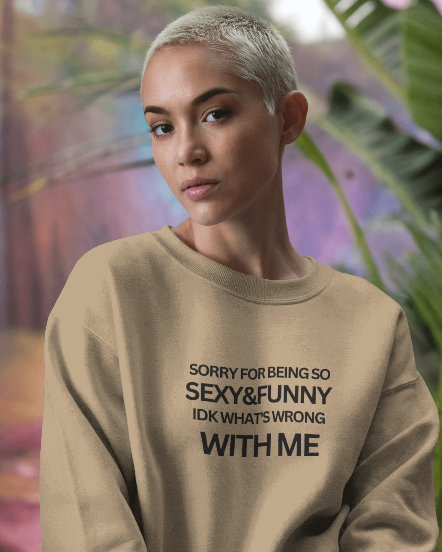 Beige sweatshirt from Nitorious Atelier featuring a playful and cheeky quote. Made from premium cotton fleece, this sweatshirt combines comfort and style for a fun, confident look.