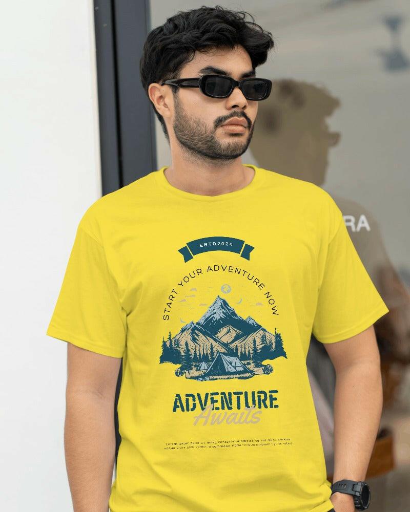 Nitorious Atelier's regular fit Yellow tee, featuring Adventure print, combines comfort and style effortlessly