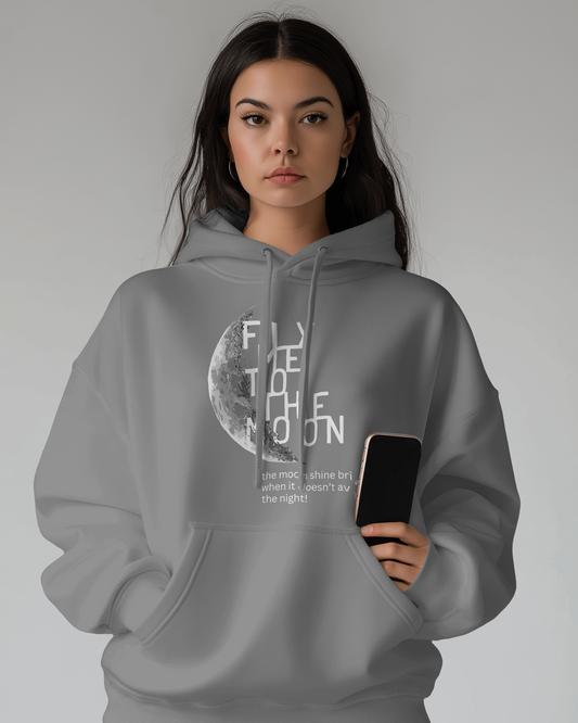 Grey 'Fly Me to the Moon' sweatshirt from Nitorious Atelier featuring a minimalist moon graphic and retro typography. Made with premium cotton fleece for comfort and warmth, perfect for cozy, stylish looks.