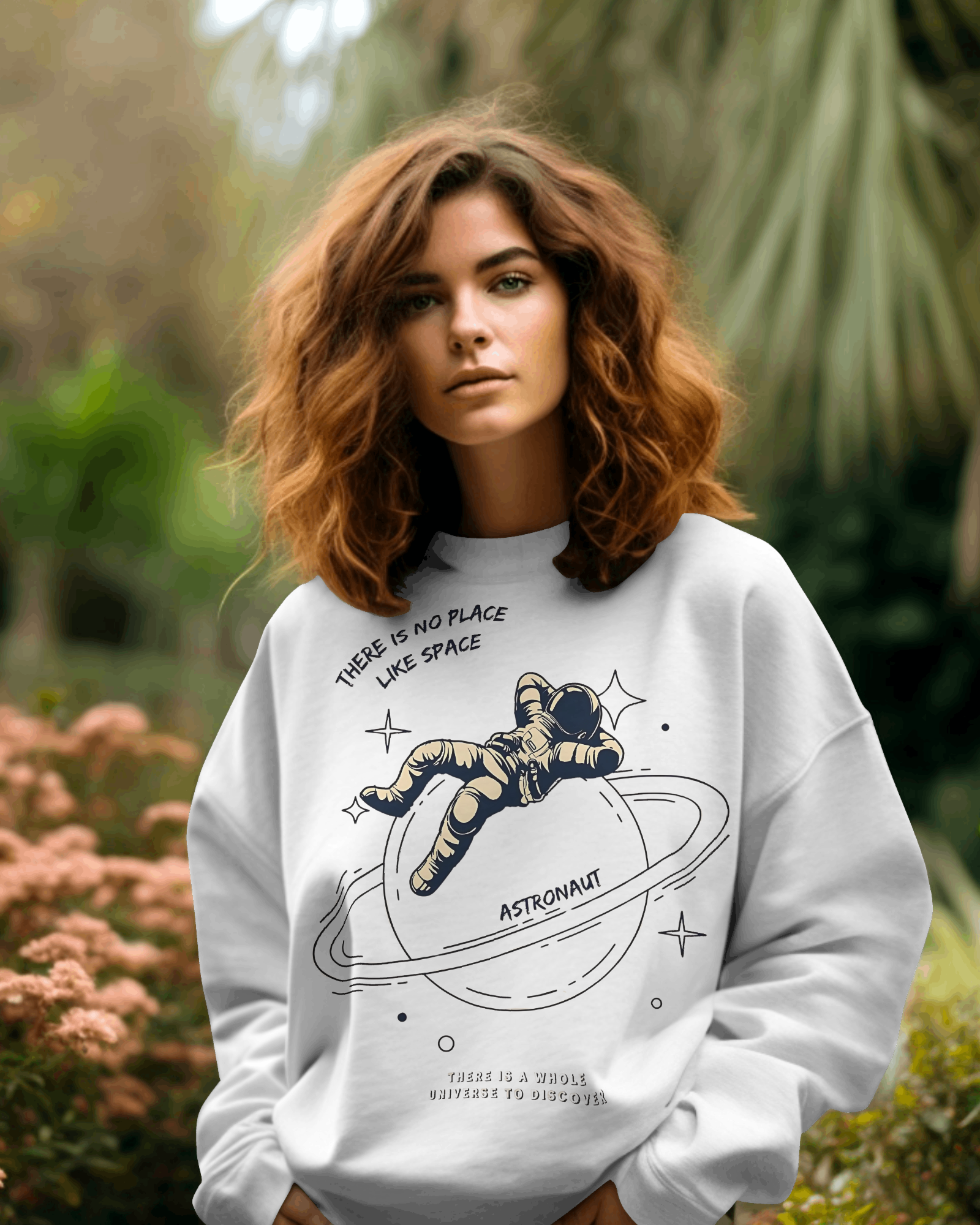 White sweatshirt featuring a bold astronaut graphic, crafted from soft, premium cotton fleece for comfort and warmth. This Nitorious Atelier sweatshirt has a relaxed fit with ribbed cuffs and hem, perfect for a stylish, space-inspired look.