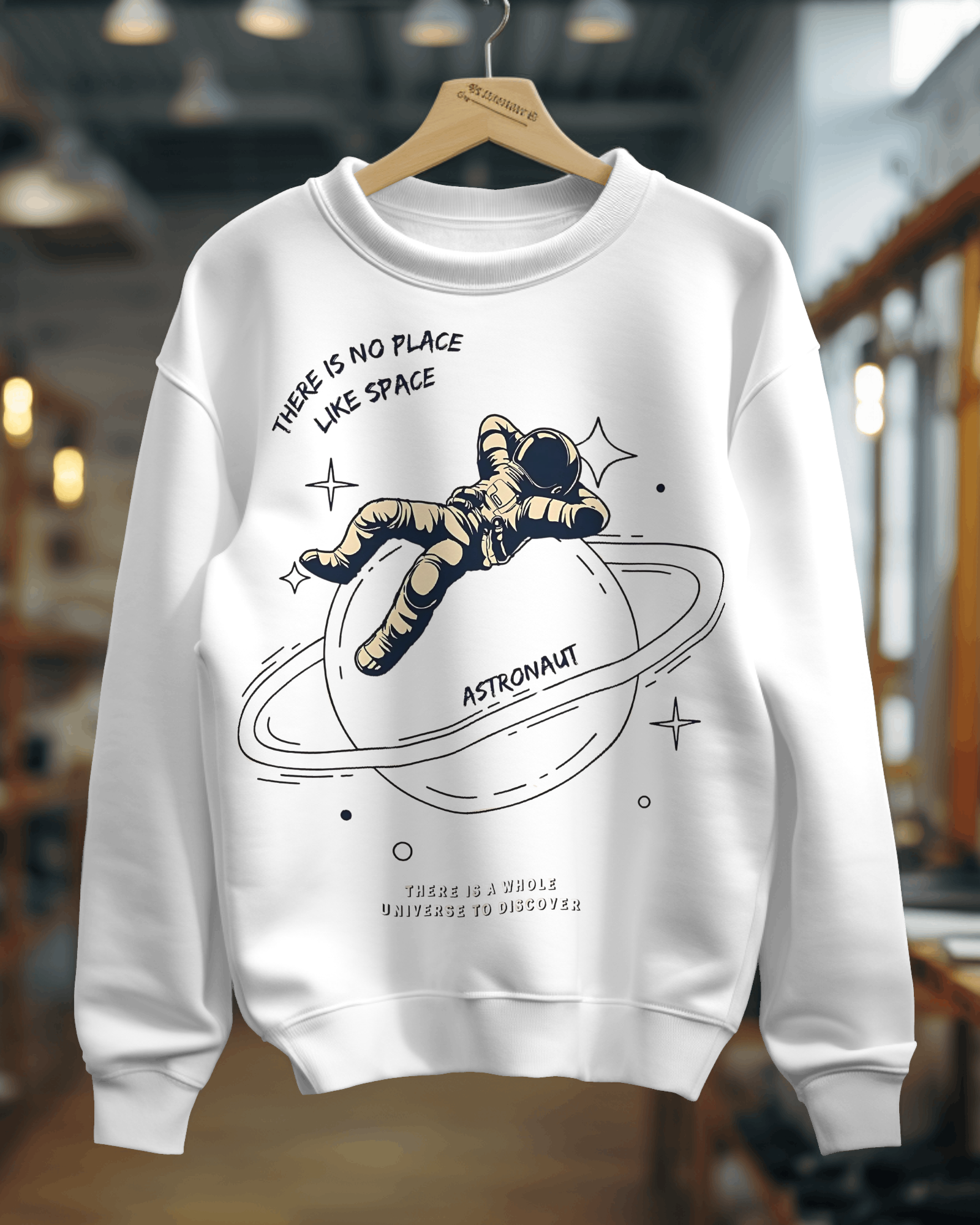 White sweatshirt featuring a bold astronaut graphic, crafted from soft, premium cotton fleece for comfort and warmth. This Nitorious Atelier sweatshirt has a relaxed fit with ribbed cuffs and hem, perfect for a stylish, space-inspired look.