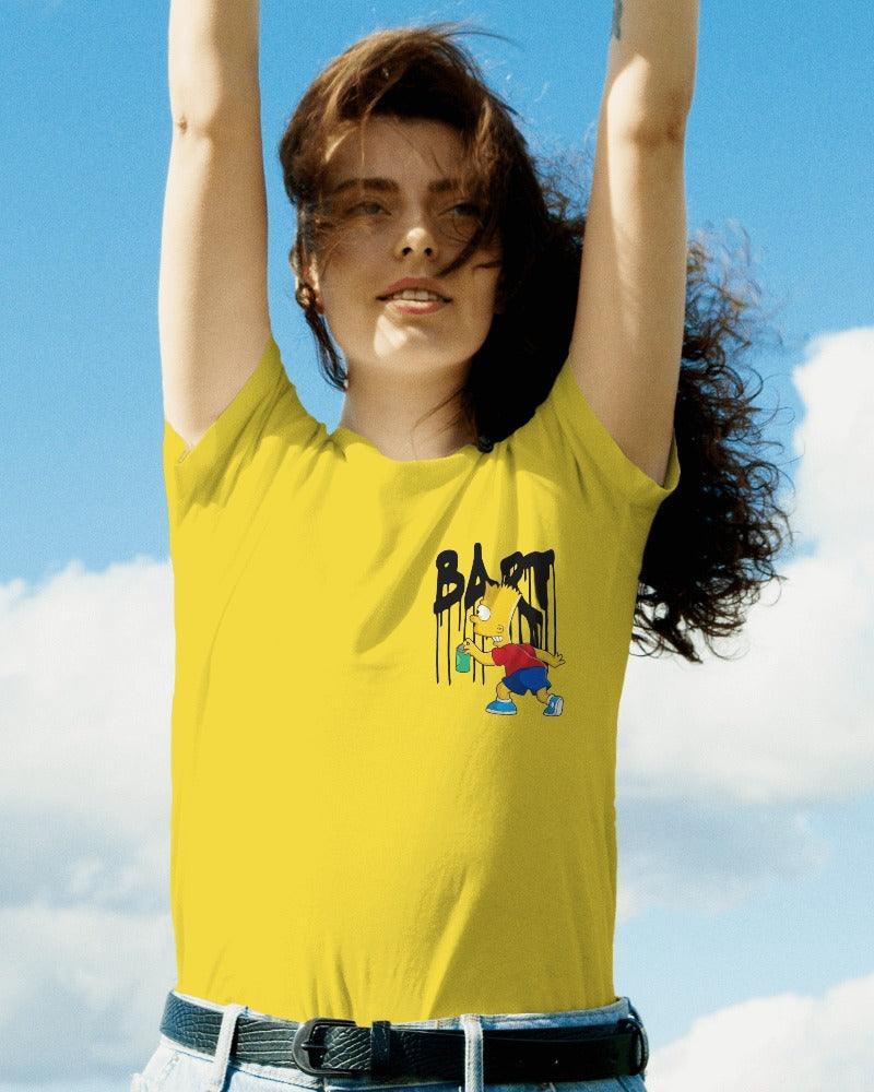 Yellow regular fit t-shirt from Nitorious Atelier featuring a Bart Simpson graphic. Made from premium cotton, this t-shirt offers a stylish and comfortable choice for all Bart Simpson fans.