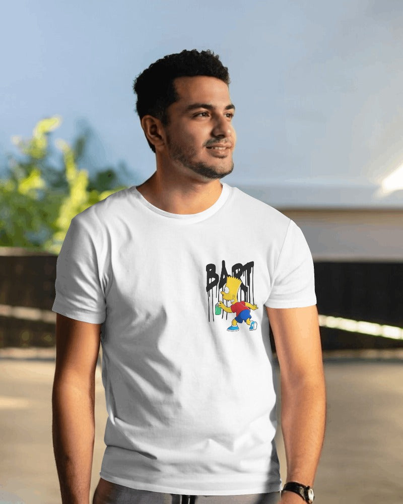 White regular fit t-shirt from Nitorious Atelier featuring a Bart Simpson graphic. Made from premium cotton, this t-shirt offers a stylish and comfortable choice for all Bart Simpson fans.