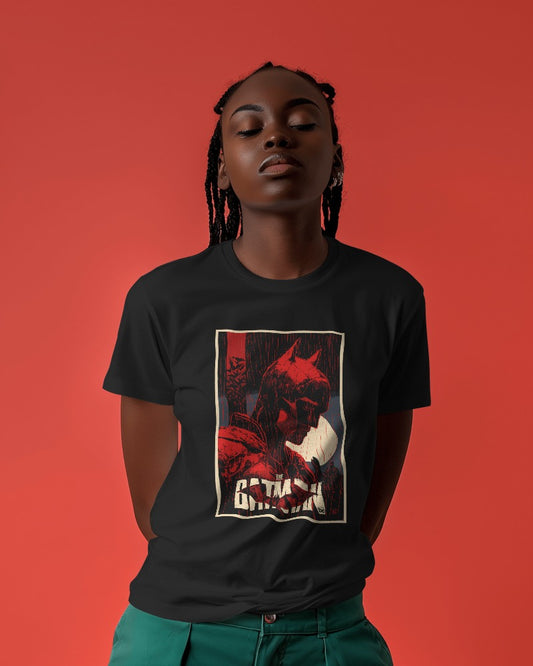 Batman black t-shirt from Nitorious Atelier featuring a bold Batman logo print. Made from premium cotton, this t-shirt offers comfort and a sleek, stylish look for superhero fans.