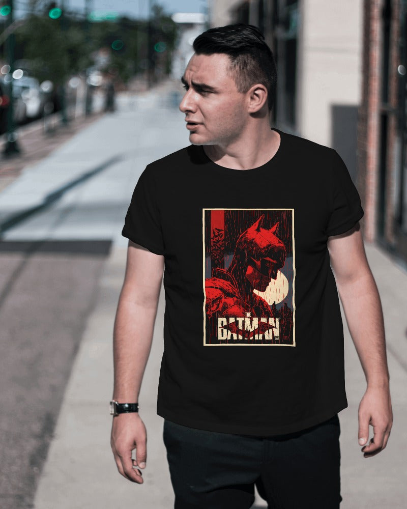 Batman black t-shirt from Nitorious Atelier featuring a bold Batman logo print. Made from premium cotton, this t-shirt offers comfort and a sleek, stylish look for superhero fans.