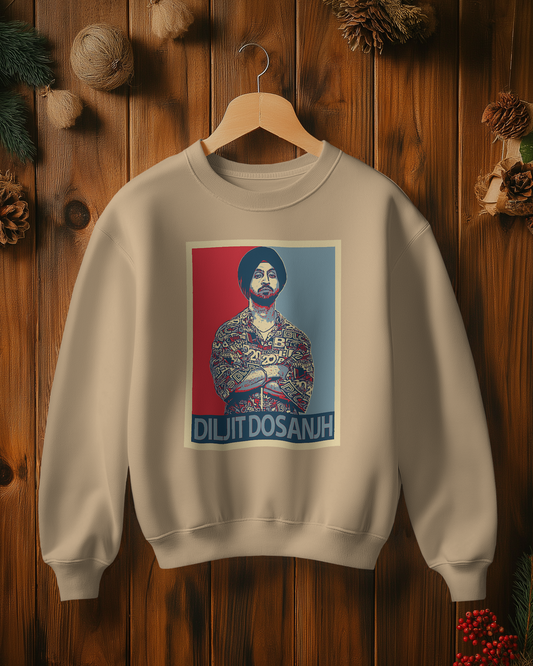 Beige Diljit Dosanjh sweatshirt by Nitorious Atelier, crafted from premium cotton fleece for warmth and comfort. Features a stylish graphic of Diljit Dosanjh, perfect for fans and casual wear enthusiasts. Relaxed fit and soft texture make it ideal for everyday wear