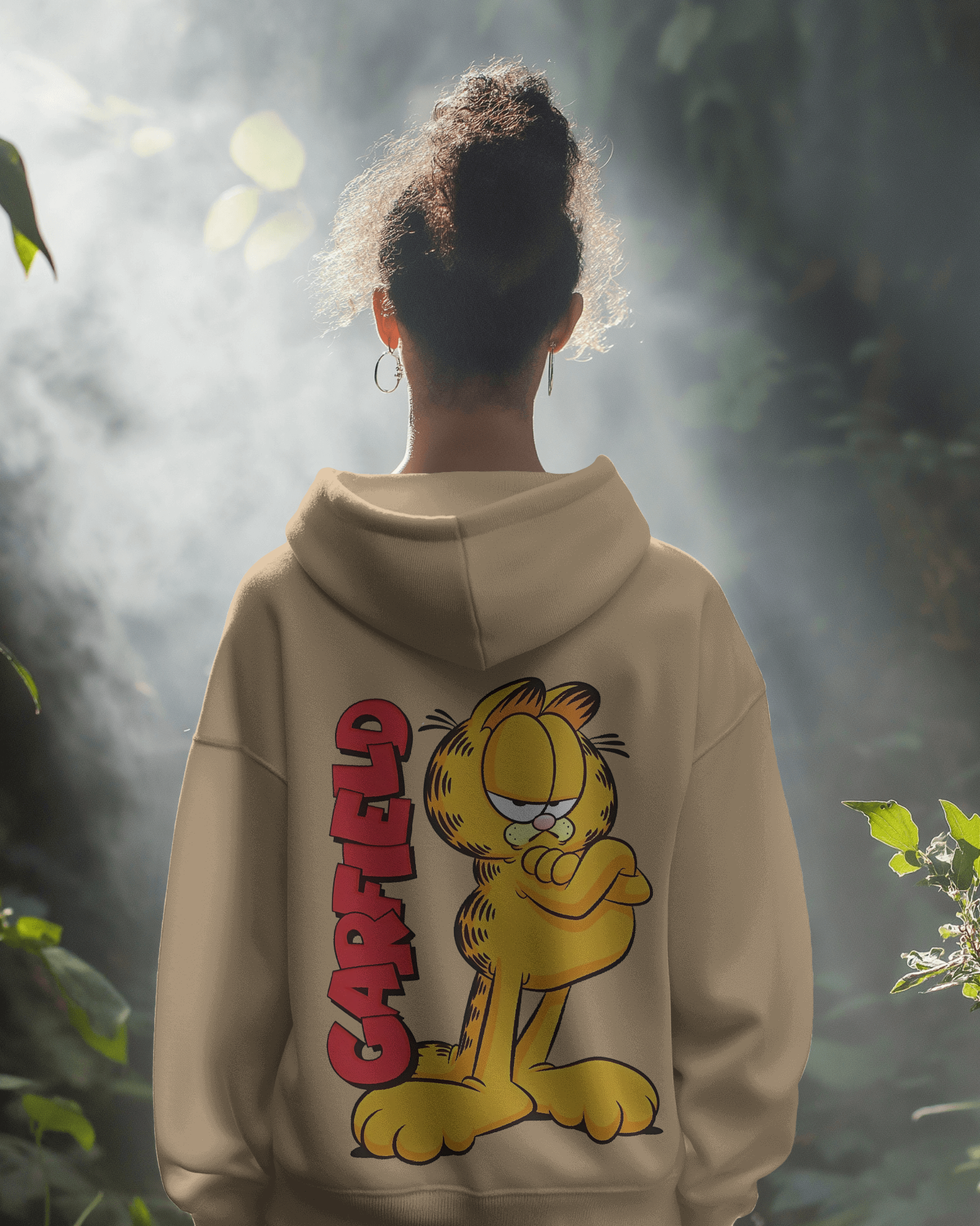 Garfield beige hoodie from Nitorious Atelier, featuring a relaxed fit and soft, premium cotton fleece for ultimate comfort. This stylish hoodie showcases a minimalist Garfield graphic in subtle tones, perfect for casual and cosy wear.