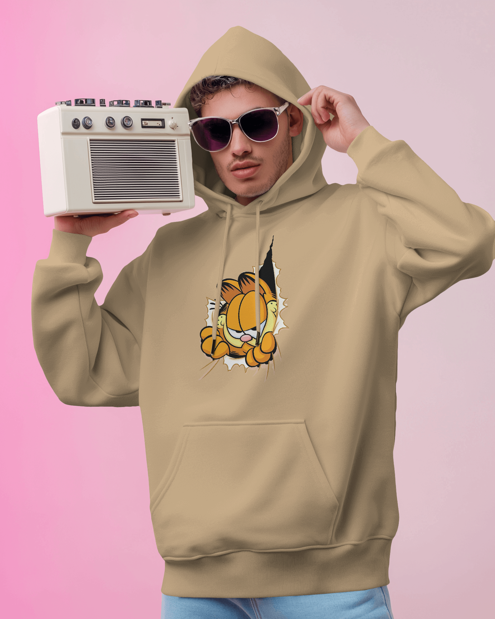 Garfield beige hoodie from Nitorious Atelier, featuring a relaxed fit and soft, premium cotton fleece for ultimate comfort. This stylish hoodie showcases a minimalist Garfield graphic in subtle tones, perfect for casual and cosy wear.