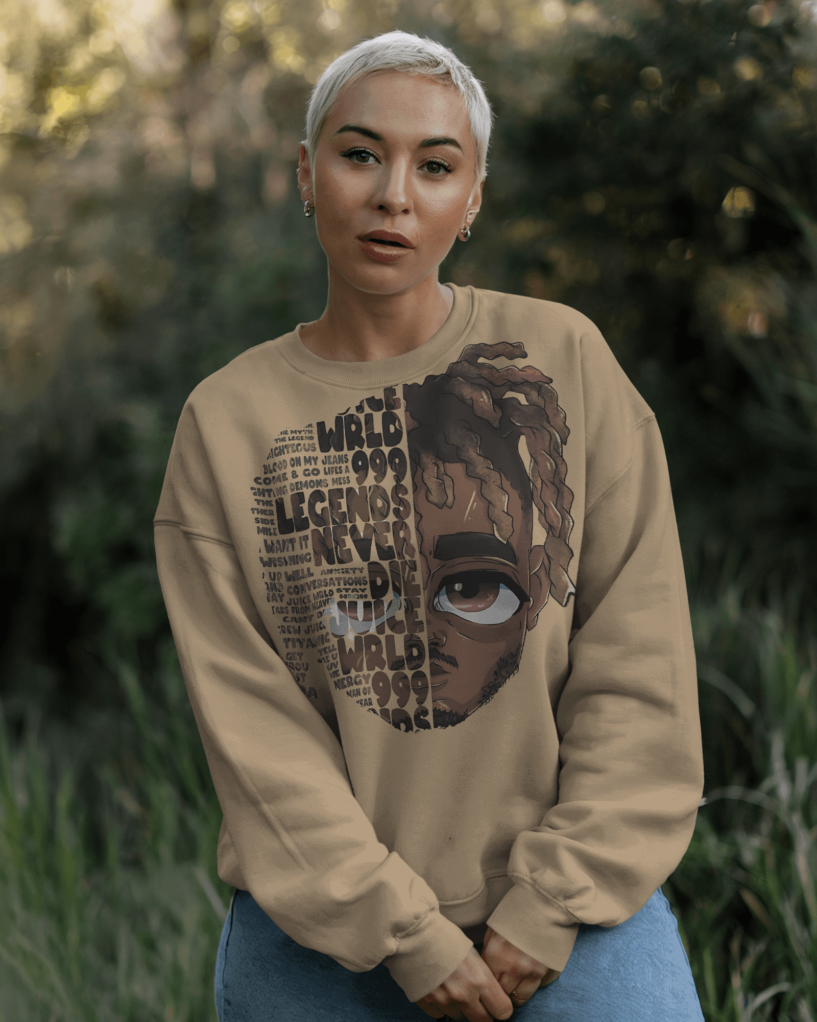 Nitorious Atelier Beige Juice Wrld Rapper Printed Luxe Sweatshirt.