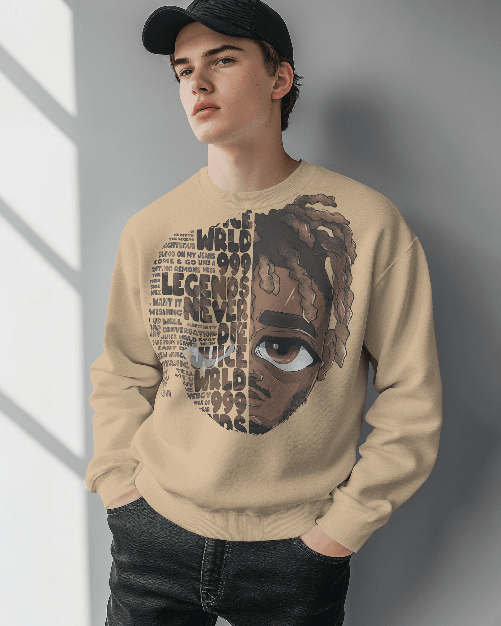 Nitorious Atelier Beige Juice Wrld Rapper Printed Luxe Sweatshirt