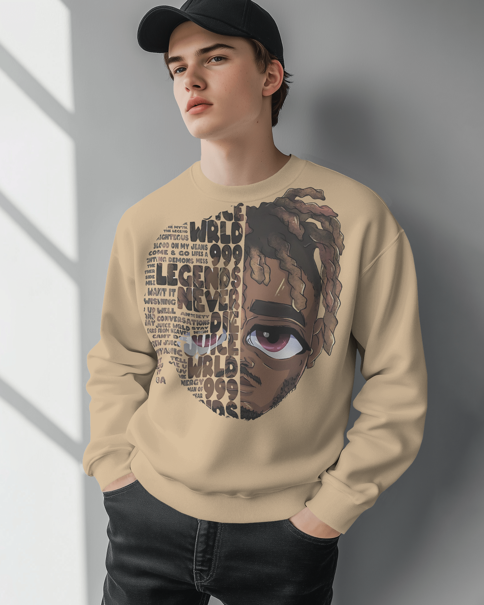 Beige sweatshirt from Nitorious Atelier featuring a striking Juice Wrld rapper print. Crafted from premium cotton fleece, this sweatshirt combines comfort with a bold tribute to the late rapper, perfect for music fans.