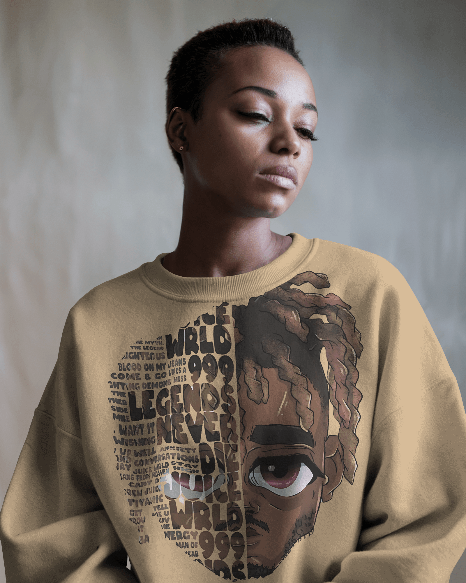 Nitorious Atelier Beige Juice Wrld Rapper Printed Luxe Sweatshirt