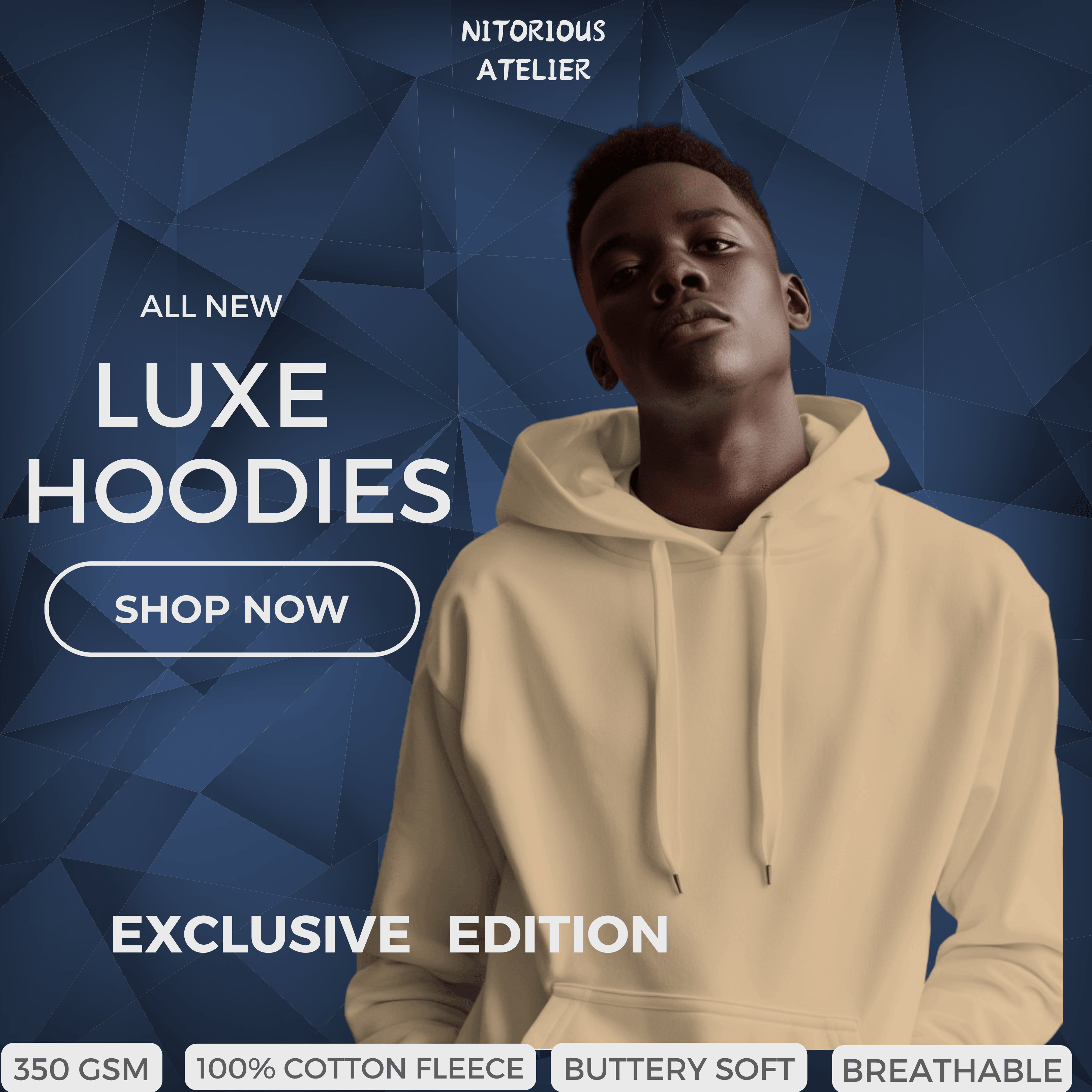 Nitorious Atelier beige Luxe hoodie made from premium cotton fleece, offering a soft and cozy feel. This hoodie features a minimalist design, perfect for a stylish, comfortable, and warm everyday look.