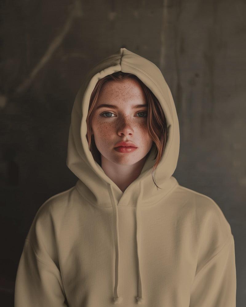 Nitorious Atelier beige Luxe hoodie made from premium cotton fleece, offering a soft and cozy feel. This hoodie features a minimalist design, perfect for a stylish, comfortable, and warm everyday look.