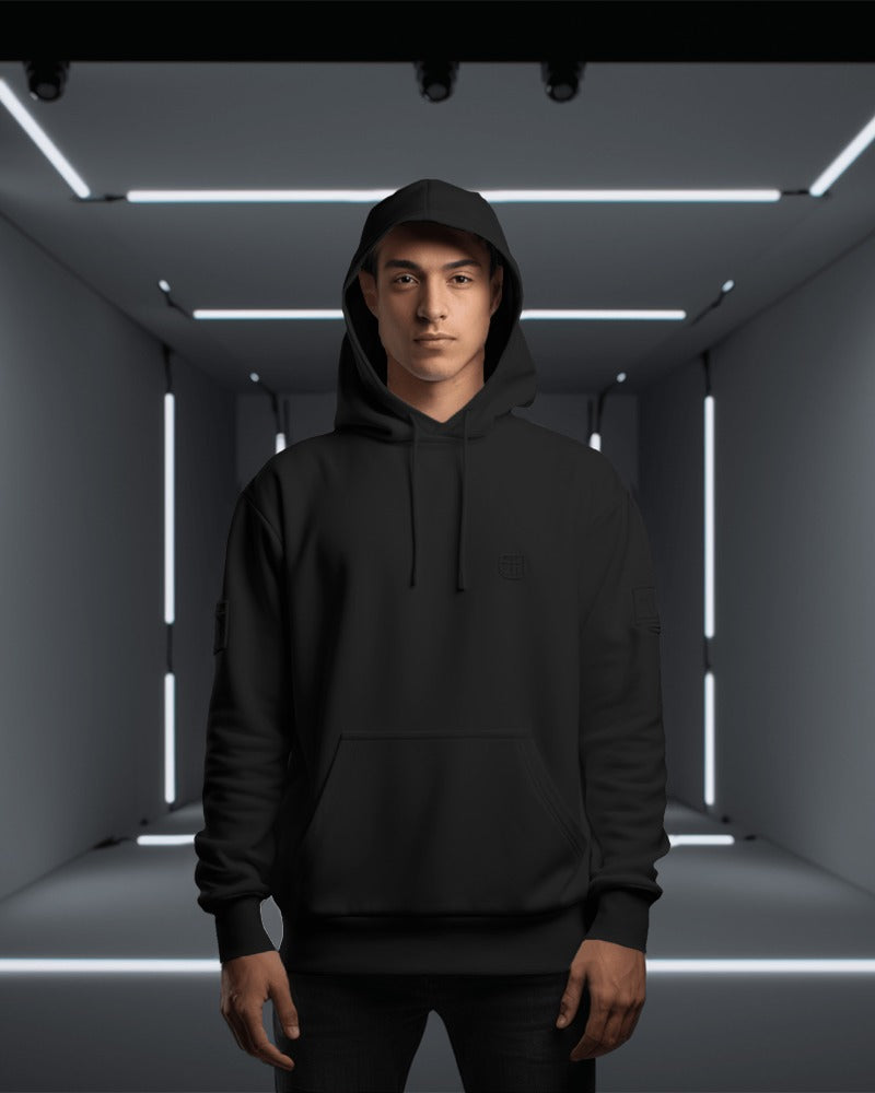 Nitorious Atelier black Luxe hoodie crafted from premium cotton fleece for a sleek and comfortable fit. This hoodie combines luxury with warmth, featuring a minimalist design perfect for versatile, everyday style.