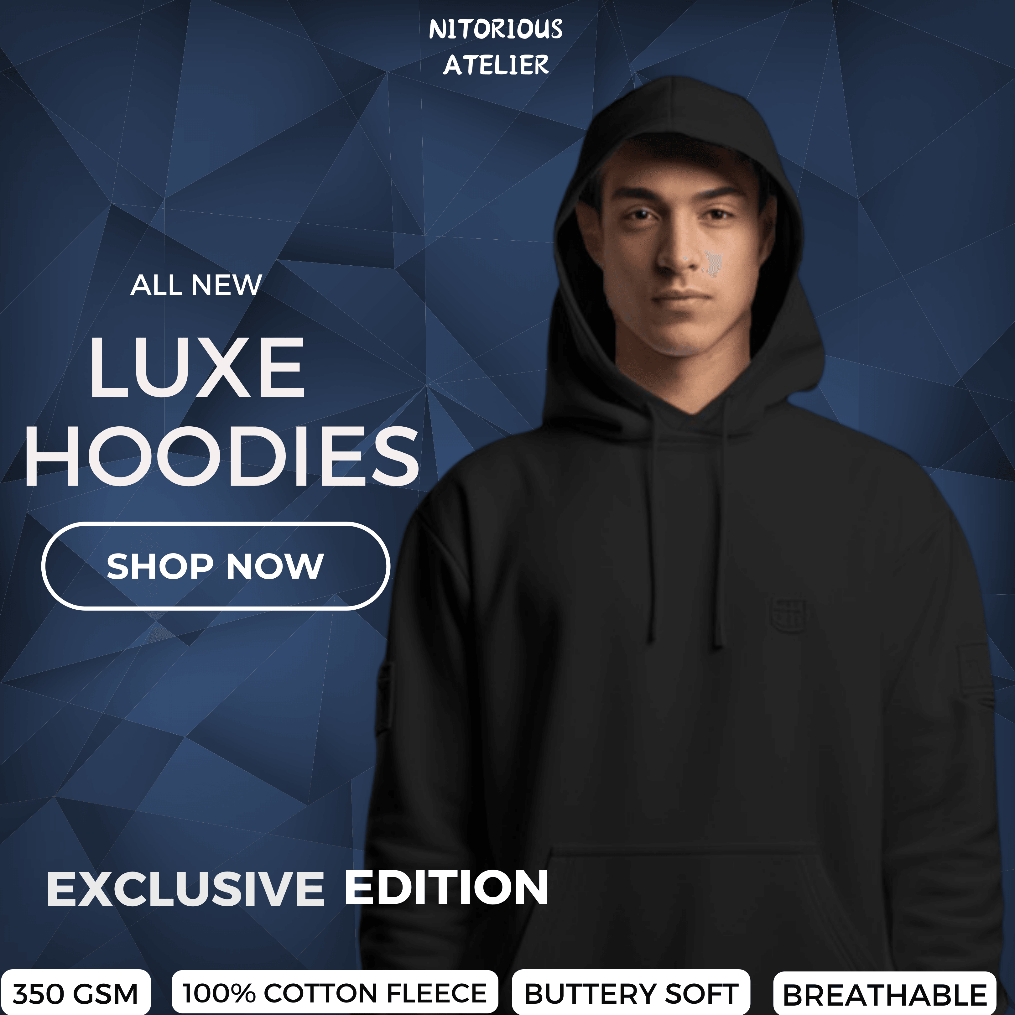 Nitorious Atelier black Luxe hoodie crafted from premium cotton fleece for a sleek and comfortable fit. This hoodie combines luxury with warmth, featuring a minimalist design perfect for versatile, everyday style.