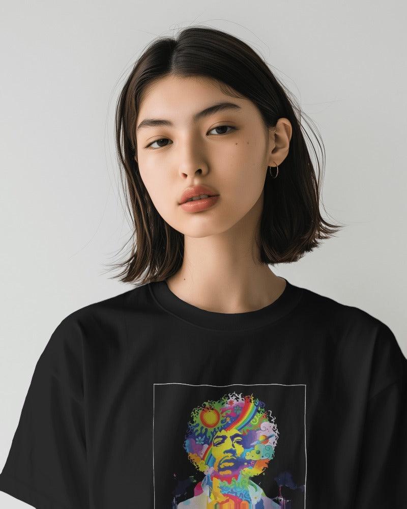 Jimi Hendrix printed oversized t-shirt in black from Nitorious Atelier featuring a bold and colorful graphic of the legendary guitarist Jimi Hendrix. Made from premium cotton, this t-shirt offers comfort and a rock 'n' roll-inspired style