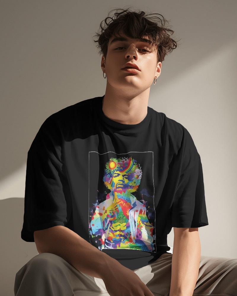 Jimi Hendrix printed oversized t-shirt in black from Nitorious Atelier featuring a bold and colorful graphic of the legendary guitarist Jimi Hendrix. Made from premium cotton, this t-shirt offers comfort and a rock 'n' roll-inspired style
