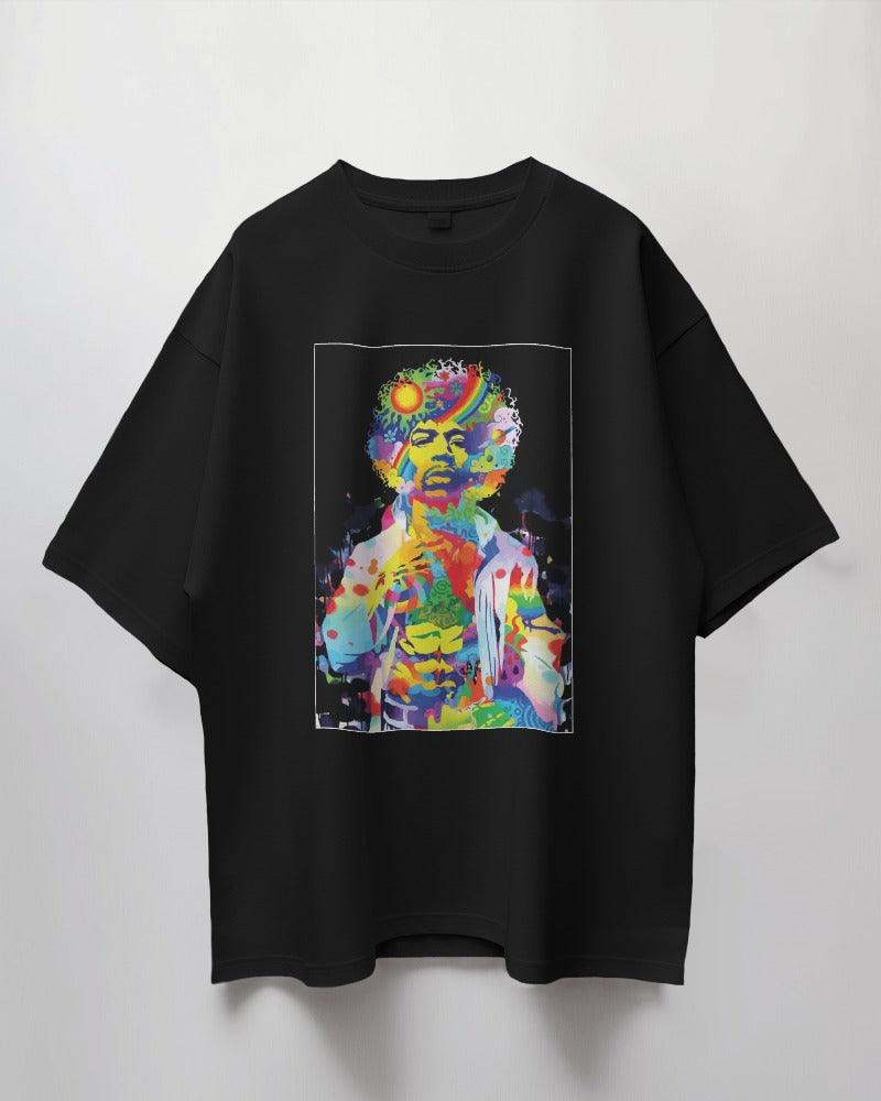 Jimi Hendrix printed oversized t-shirt in black from Nitorious Atelier featuring a bold and colorful graphic of the legendary guitarist Jimi Hendrix. Made from premium cotton, this t-shirt offers comfort and a rock 'n' roll-inspired style