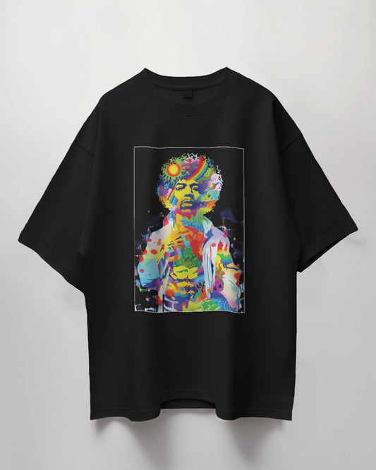 Jimi Hendrix printed oversized t-shirt in black from Nitorious Atelier featuring a bold and colorful graphic of the legendary guitarist Jimi Hendrix. Made from premium cotton, this t-shirt offers comfort and a rock 'n' roll-inspired style