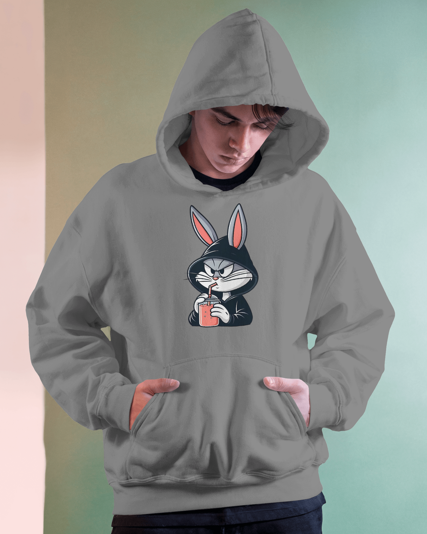 Grey hoodie featuring a playful Bugs Bunny print, crafted from soft, premium cotton fleece for ultimate comfort. This hoodie from Nitorious Atelier offers a relaxed fit with ribbed cuffs and hem, perfect for casual, stylish wear.