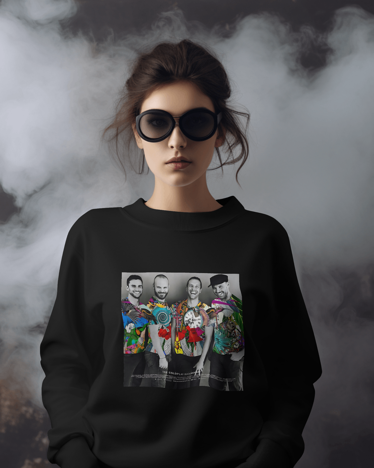 Black luxury Coldplay-inspired sweatshirt from Nitorious Atelier featuring a sleek and vibrant design. Made from premium materials for a soft, warm, and comfortable fit, perfect for fans of timeless music and elegant casual style