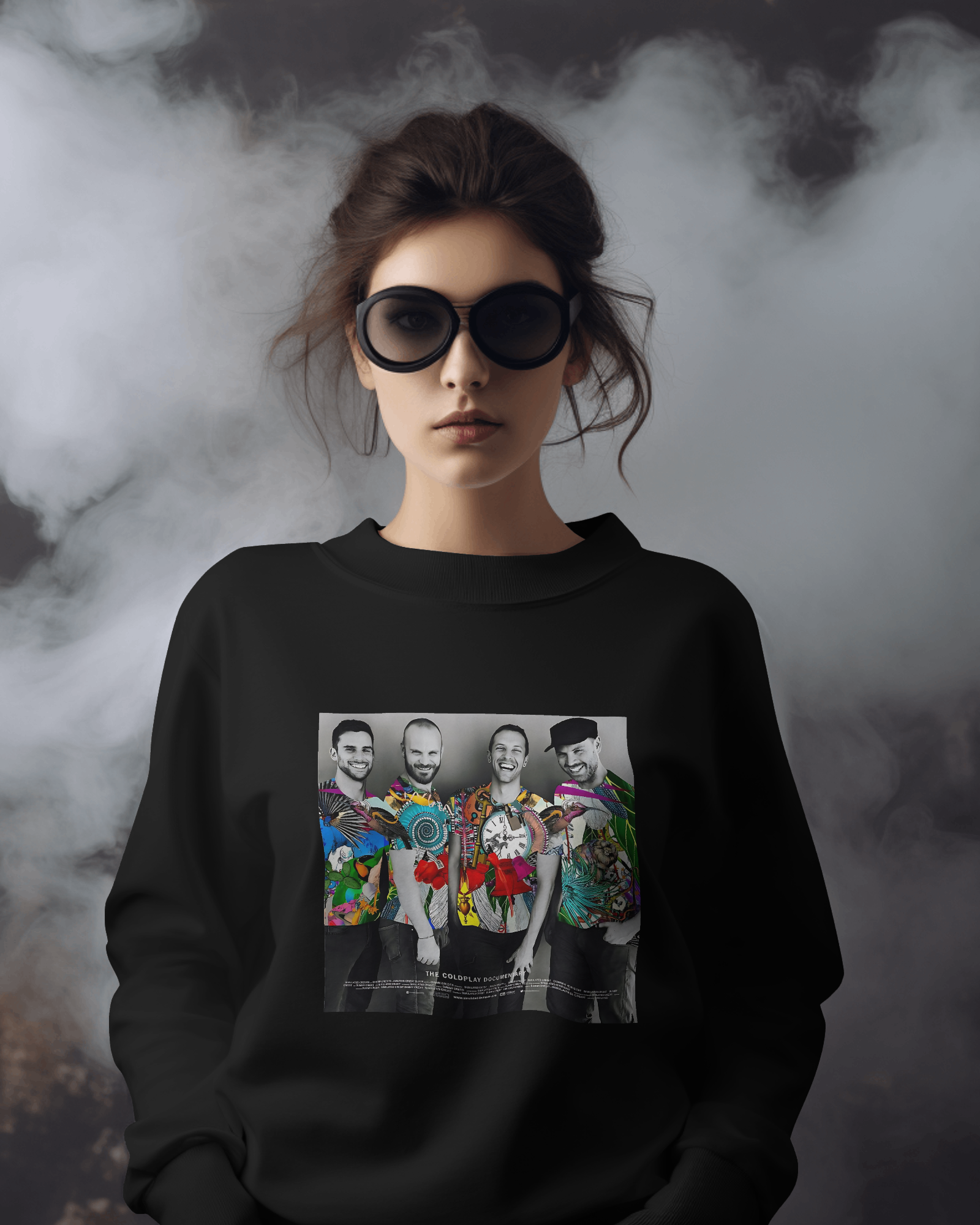 Black luxury Coldplay-inspired sweatshirt from Nitorious Atelier featuring a sleek and vibrant design. Made from premium materials for a soft, warm, and comfortable fit, perfect for fans of timeless music and elegant casual style