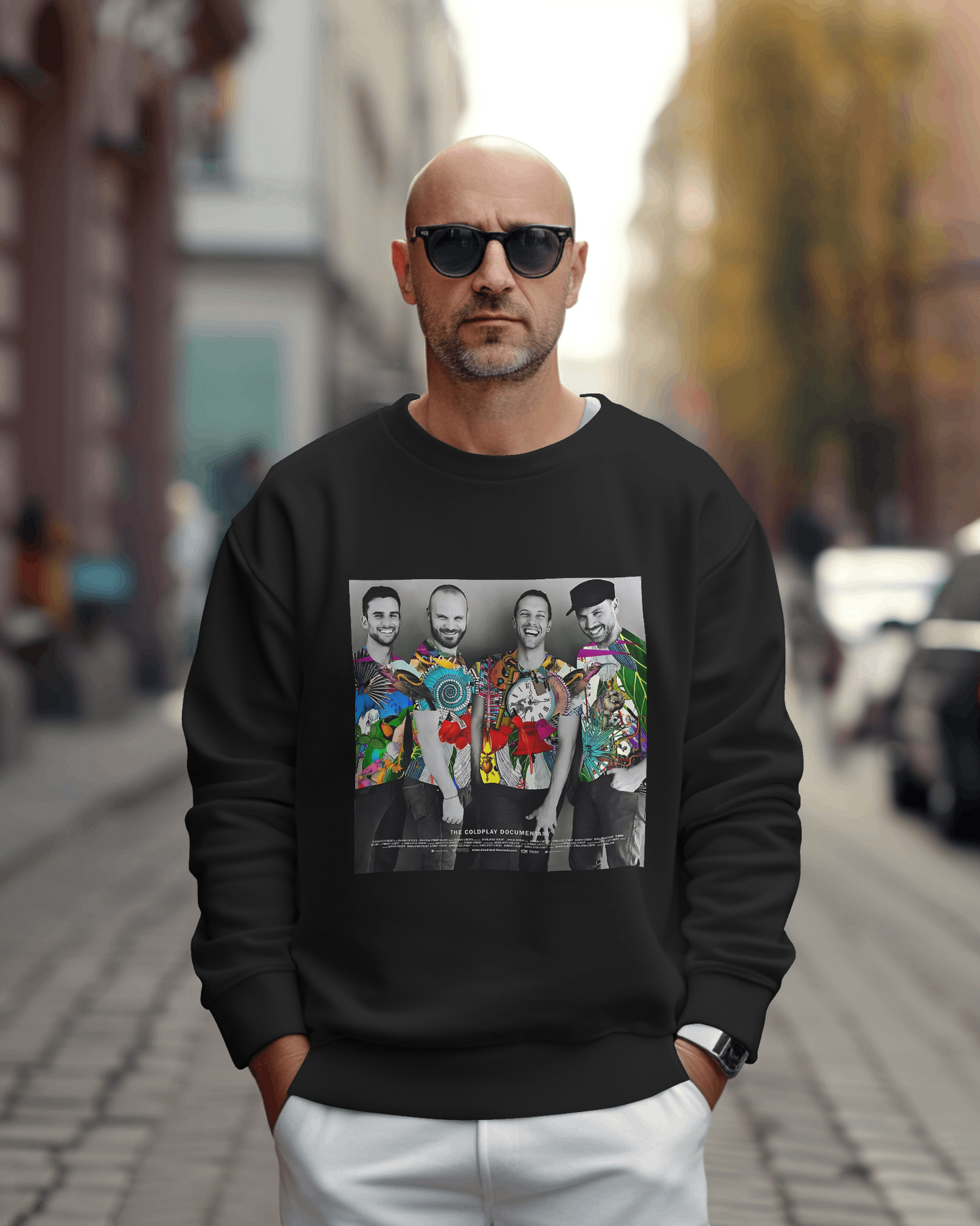 Black luxury Coldplay-inspired sweatshirt from Nitorious Atelier featuring a sleek and vibrant design. Made from premium materials for a soft, warm, and comfortable fit, perfect for fans of timeless music and elegant casual style