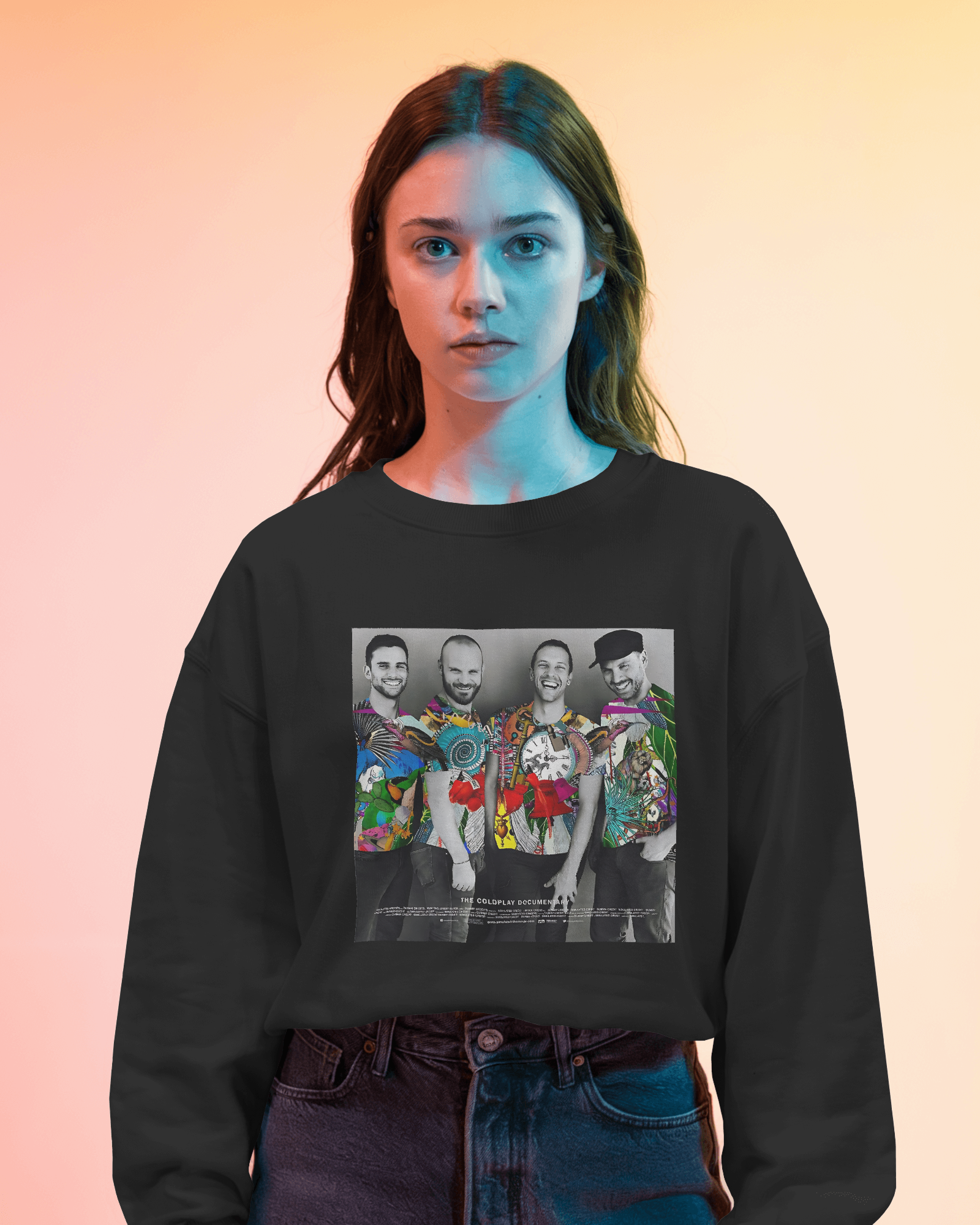 Black luxury Coldplay-inspired sweatshirt from Nitorious Atelier featuring a sleek and vibrant design. Made from premium materials for a soft, warm, and comfortable fit, perfect for fans of timeless music and elegant casual style