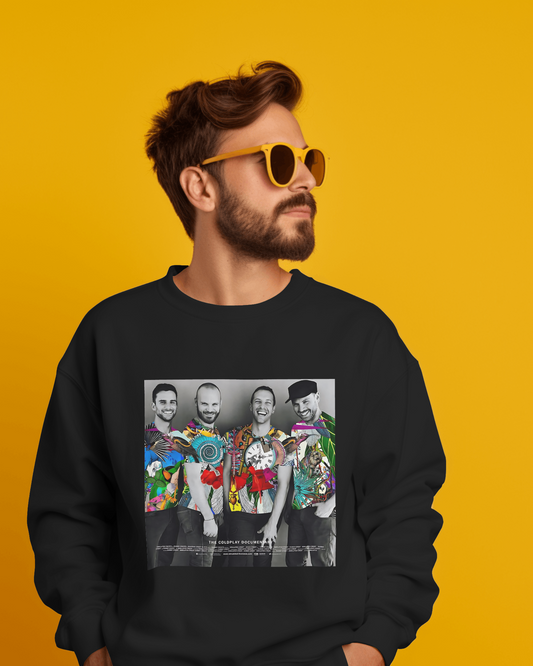 Black luxury Coldplay-inspired sweatshirt from Nitorious Atelier featuring a sleek and vibrant design. Made from premium materials for a soft, warm, and comfortable fit, perfect for fans of timeless music and elegant casual style