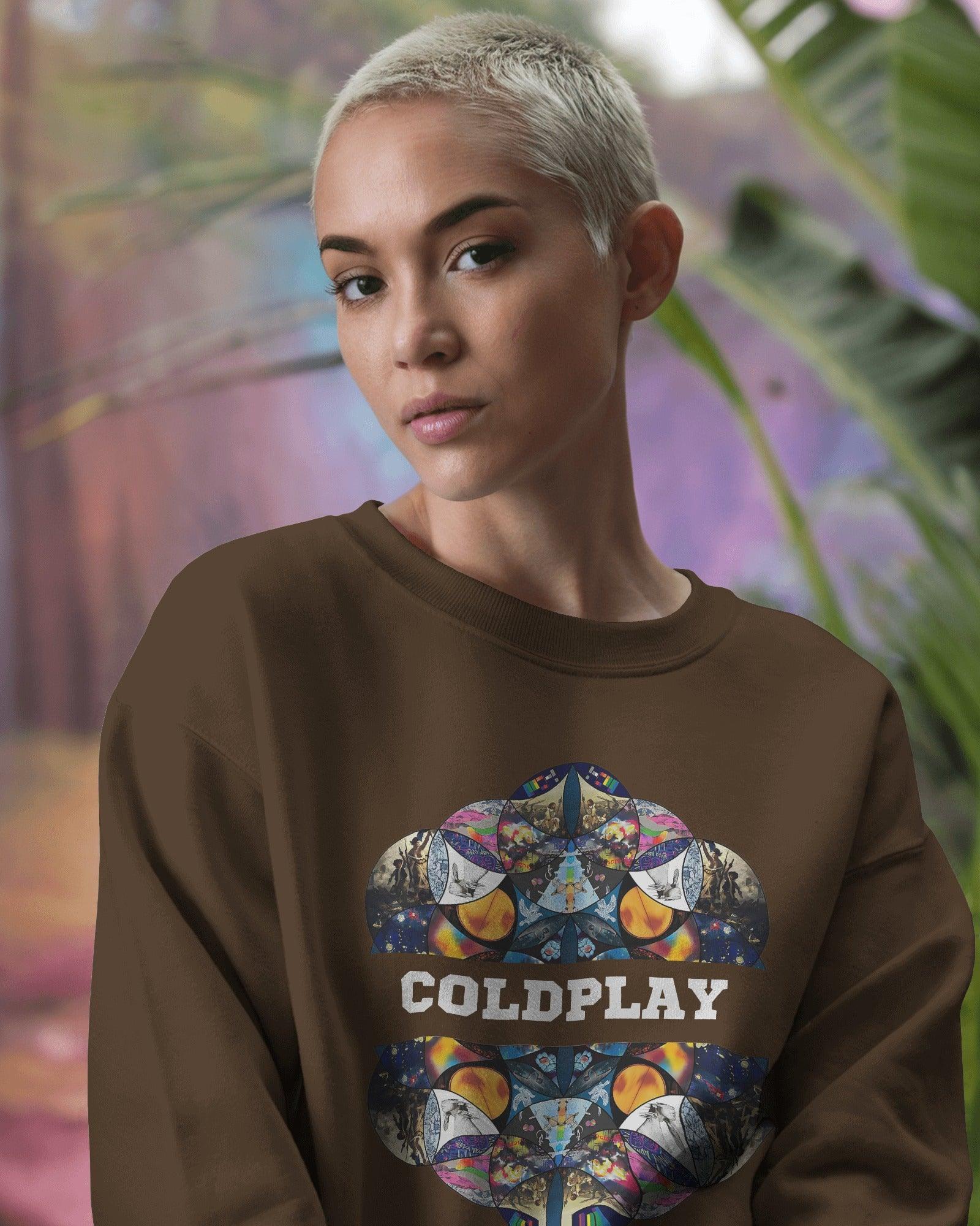 Brown sweatshirt from Nitorious Atelier featuring a striking Coldplay-inspired graphic print. Crafted from high-quality fabric, this sweatshirt offers warmth, comfort, and a stylish edge for music fans.