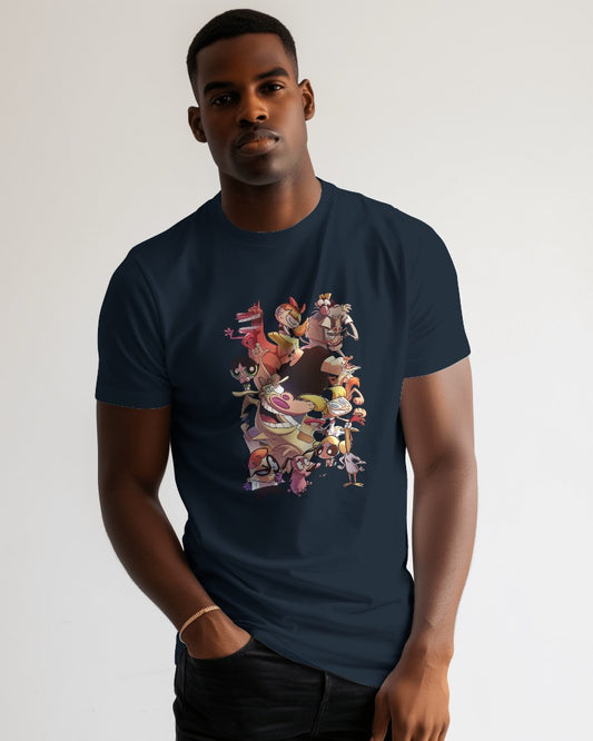 Dark blue t-shirt from Nitorious Atelier featuring a fun cartoon graphic. Made from premium cotton, this t-shirt combines comfort and playful style, perfect for casual wear.