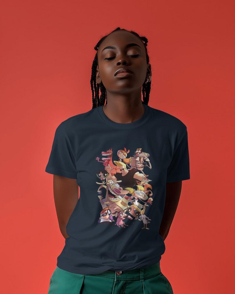 Dark blue t-shirt from Nitorious Atelier featuring a fun cartoon graphic. Made from premium cotton, this t-shirt combines comfort and playful style, perfect for casual wear.