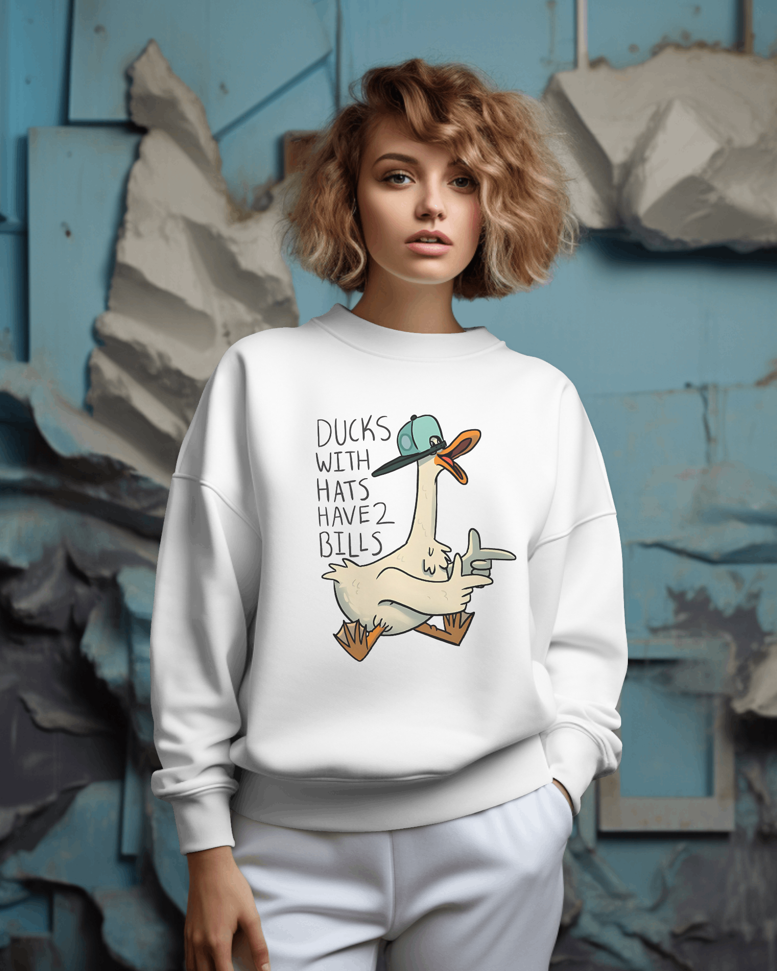 White sweatshirt from Nitorious Atelier featuring a charming duck print on the chest. Made from premium cotton fleece, this sweatshirt offers a cosy and stylish fit for casual wear.