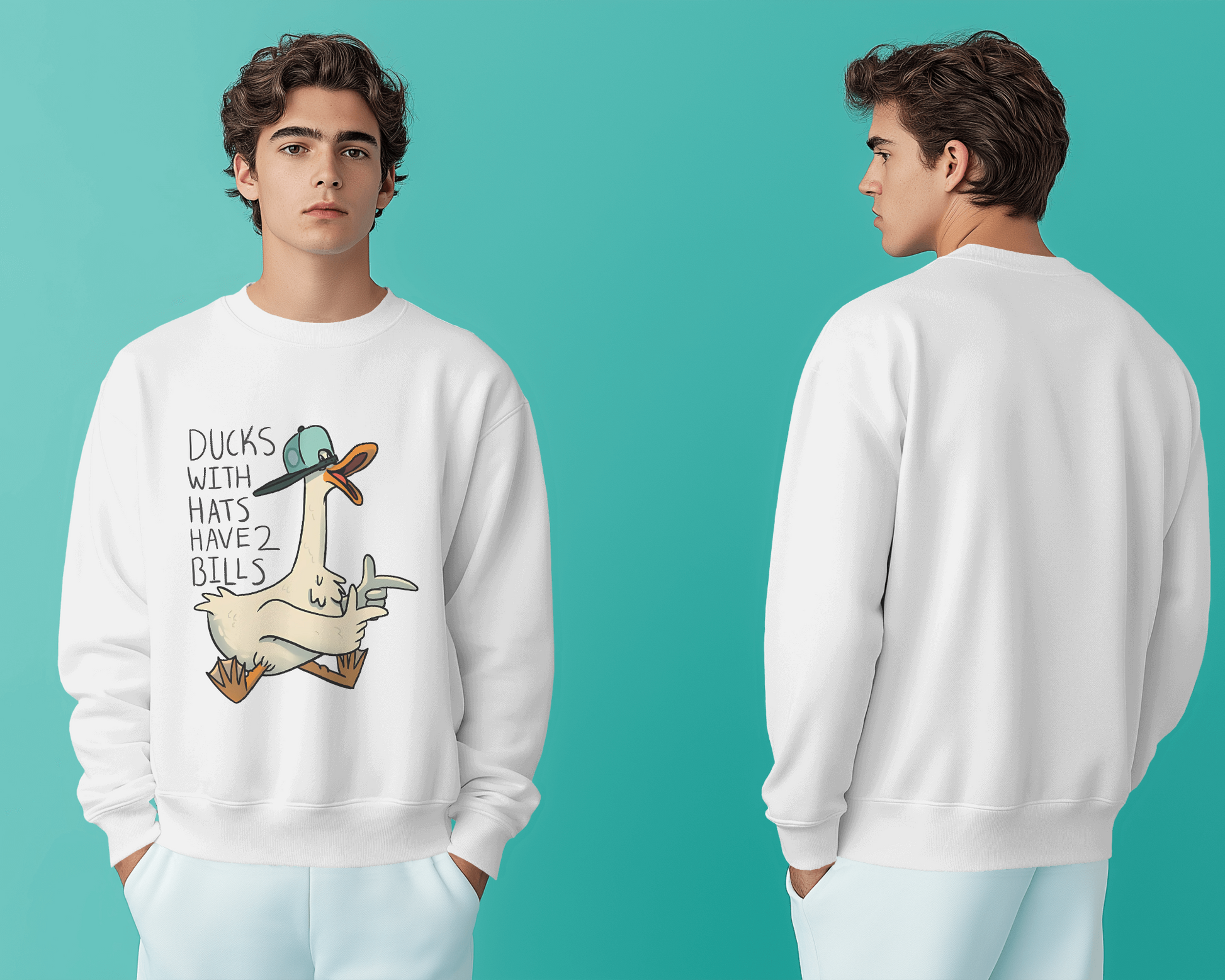 White sweatshirt from Nitorious Atelier featuring a charming duck print on the chest. Made from premium cotton fleece, this sweatshirt offers a cosy and stylish fit for casual wear.