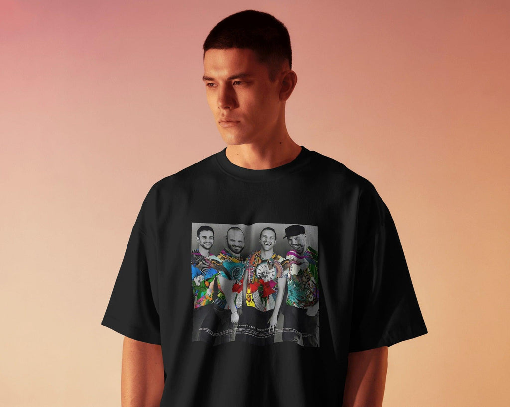 Black Coldplay-themed t-shirt from Nitorious Atelier, featuring a vibrant and artistic design inspired by the iconic band. Made from premium cotton, this regular-fit t-shirt offers superior comfort, durability, and style for every Coldplay fan