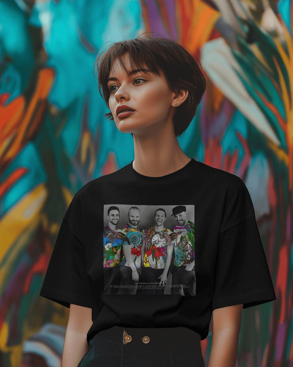 Black Coldplay-themed t-shirt from Nitorious Atelier, featuring a vibrant and artistic design inspired by the iconic band. Made from premium cotton, this regular-fit t-shirt offers superior comfort, durability, and style for every Coldplay fan
