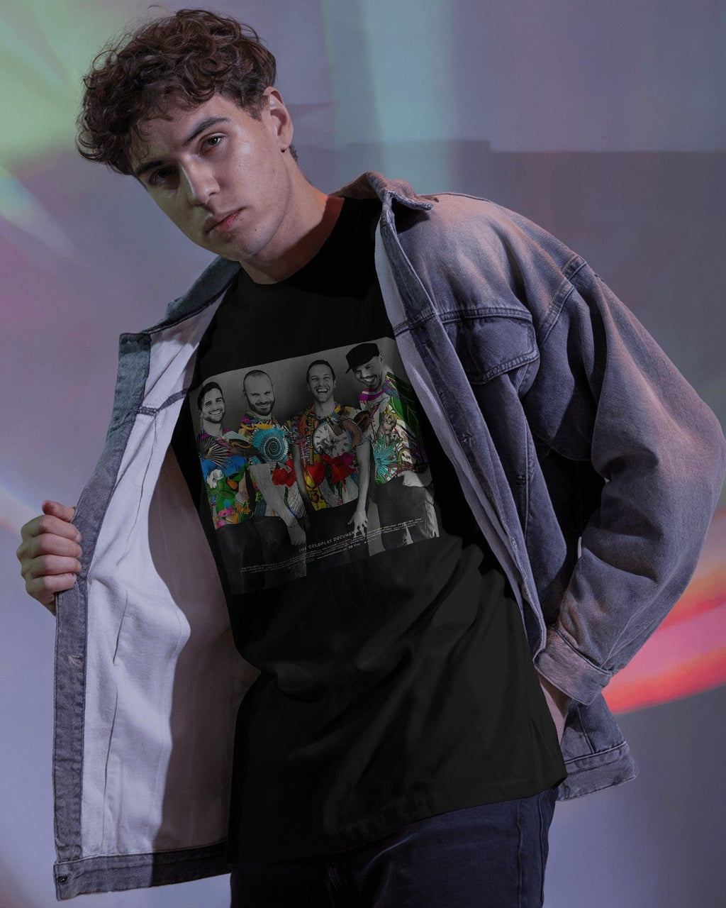 Black Coldplay-themed t-shirt from Nitorious Atelier, featuring a vibrant and artistic design inspired by the iconic band. Made from premium cotton, this regular-fit t-shirt offers superior comfort, durability, and style for every Coldplay fan