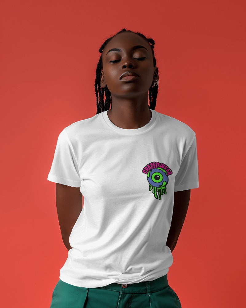 Crazed Eye white regular fit t-shirt from Nitorious Atelier. Featuring a bold, intricate graphic of a crazed eye, this t-shirt is crafted from premium cotton for maximum comfort and durability. Perfect for a standout casual look.