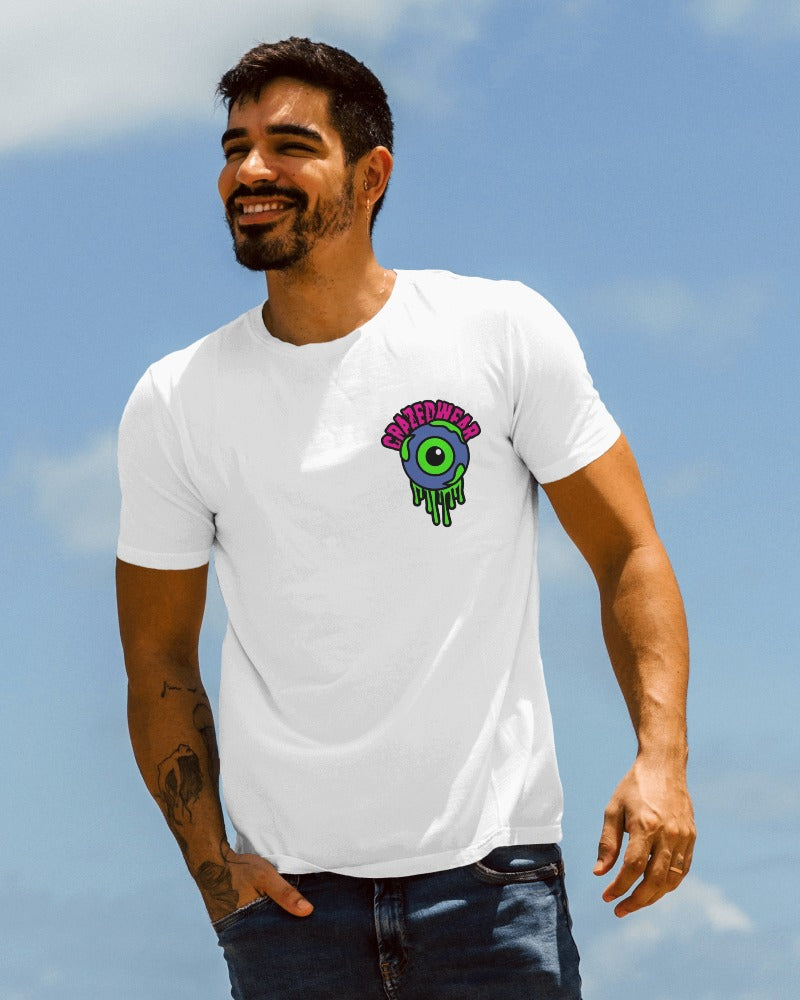 Crazed Eye white regular fit t-shirt from Nitorious Atelier. Featuring a bold, intricate graphic of a crazed eye, this t-shirt is crafted from premium cotton for maximum comfort and durability. Perfect for a standout casual look.