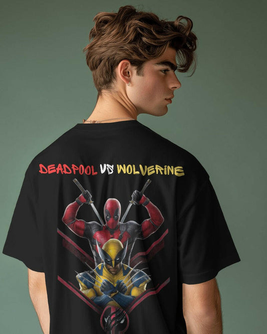 A bold and eye-catching t-shirt showcasing a dynamic graphic of Deadpool and Wolverine in an epic battle. Made from premium cotton fabric, this oversized fit t-shirt combines comfort and style, perfect for fans of Marvel comics and casual wear.