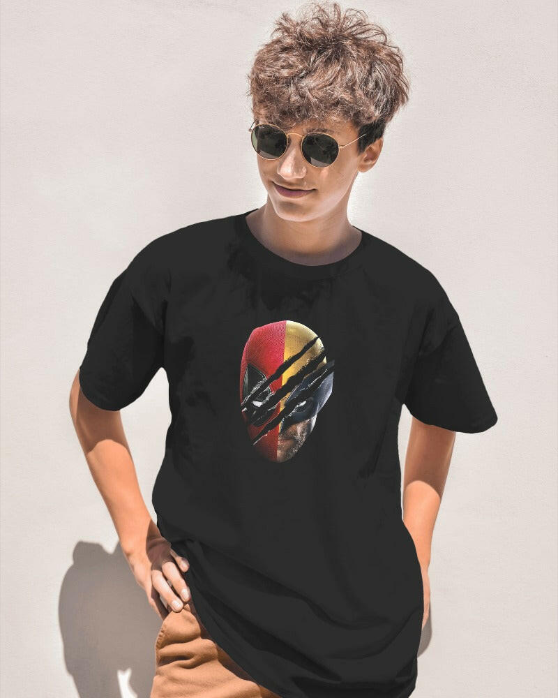 A bold and eye-catching t-shirt showcasing a dynamic graphic of Deadpool and Wolverine in an epic battle. Made from premium cotton fabric, this oversized fit t-shirt combines comfort and style, perfect for fans of Marvel comics and casual wear.