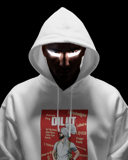 White hoodie from Nitorious Atelier inspired by Diljit, featuring a clean and minimalistic design. Made from premium 100% cotton fleece, this hoodie offers ultimate comfort, warmth, and a stylish casual look.