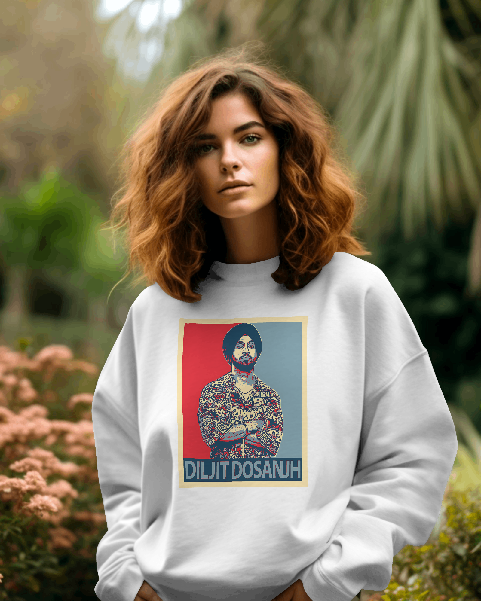 Diljit Dosanjh G.O.A.T white sweatshirt featuring a bold graphic inspired by his iconic album. Made from high-quality cotton fleece, this sweatshirt offers warmth and comfort, perfect for fans looking to showcase their love for the artist in style during colder weather