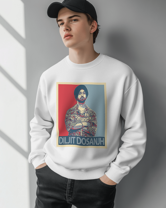 Diljit Dosanjh G.O.A.T white sweatshirt featuring a bold graphic inspired by his iconic album. Made from high-quality cotton fleece, this sweatshirt offers warmth and comfort, perfect for fans looking to showcase their love for the artist in style during colder weather