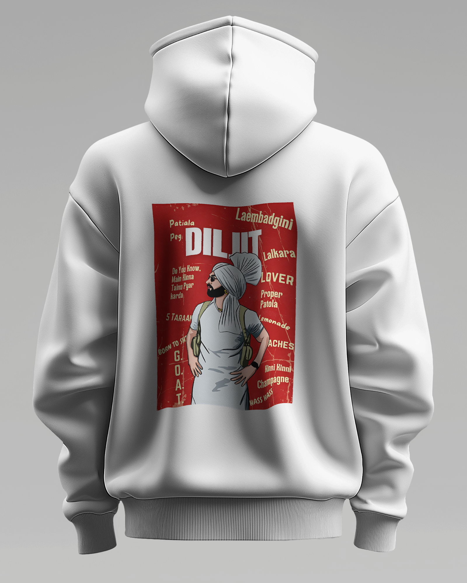 Diljit Dosanjh white hoodie featuring a striking graphic of the Punjabi superstar. Made from premium cotton fleece, this hoodie offers warmth, comfort, and a relaxed fit, perfect for fans looking to showcase their love for the artist in a cozy, stylish way.