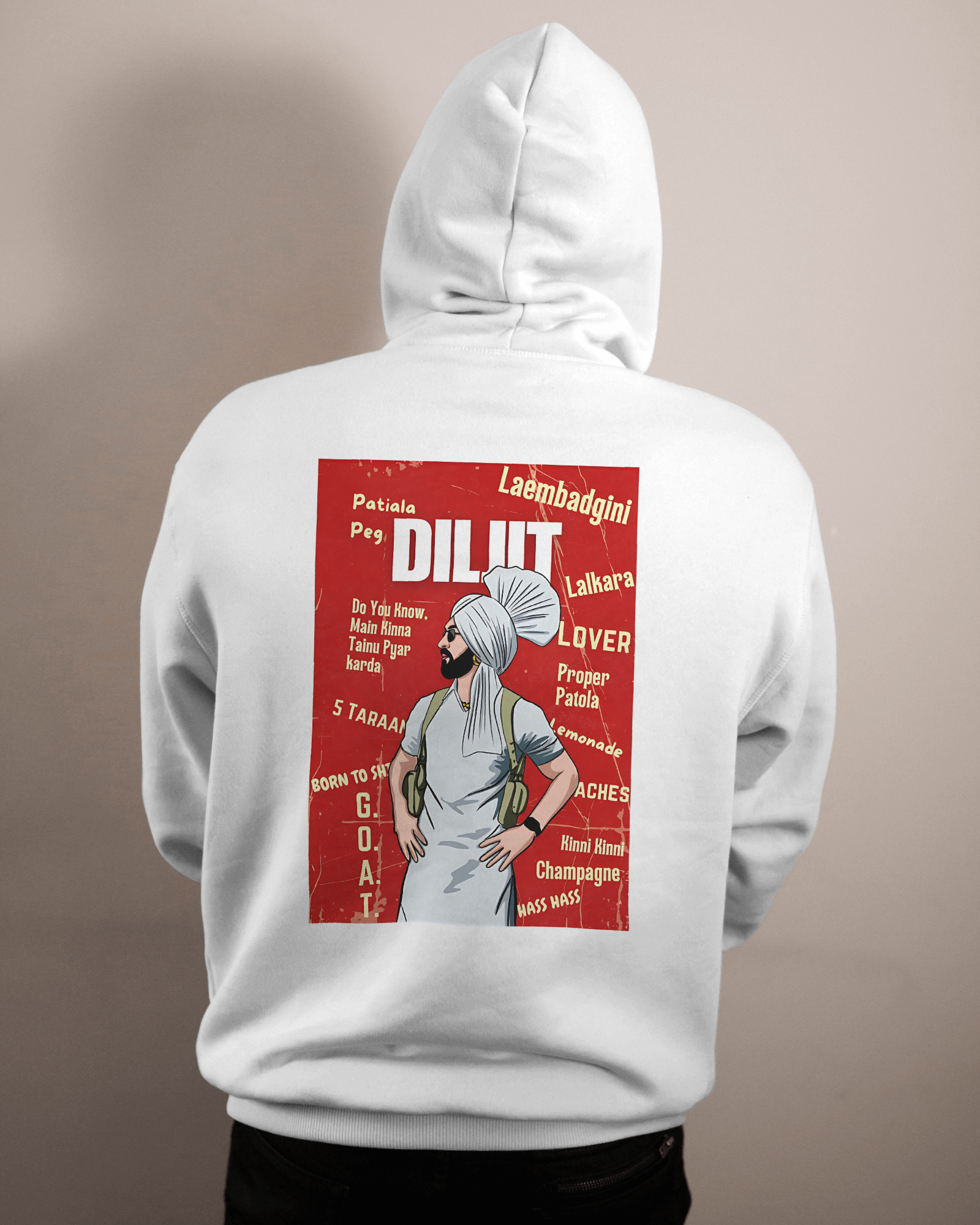 Diljit Dosanjh white hoodie featuring a striking graphic of the Punjabi superstar. Made from premium cotton fleece, this hoodie offers warmth, comfort, and a relaxed fit, perfect for fans looking to showcase their love for the artist in a cozy, stylish way.